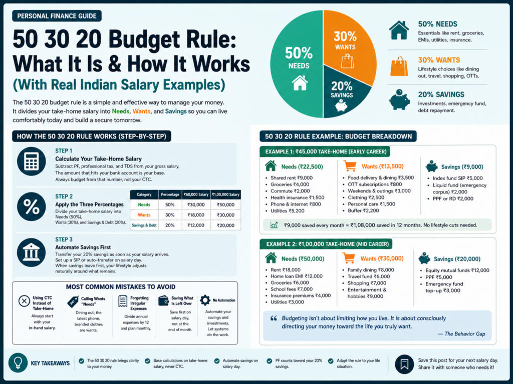 50 30 20 budget rule infographic showing needs wants and savings with real Indian salary examples
