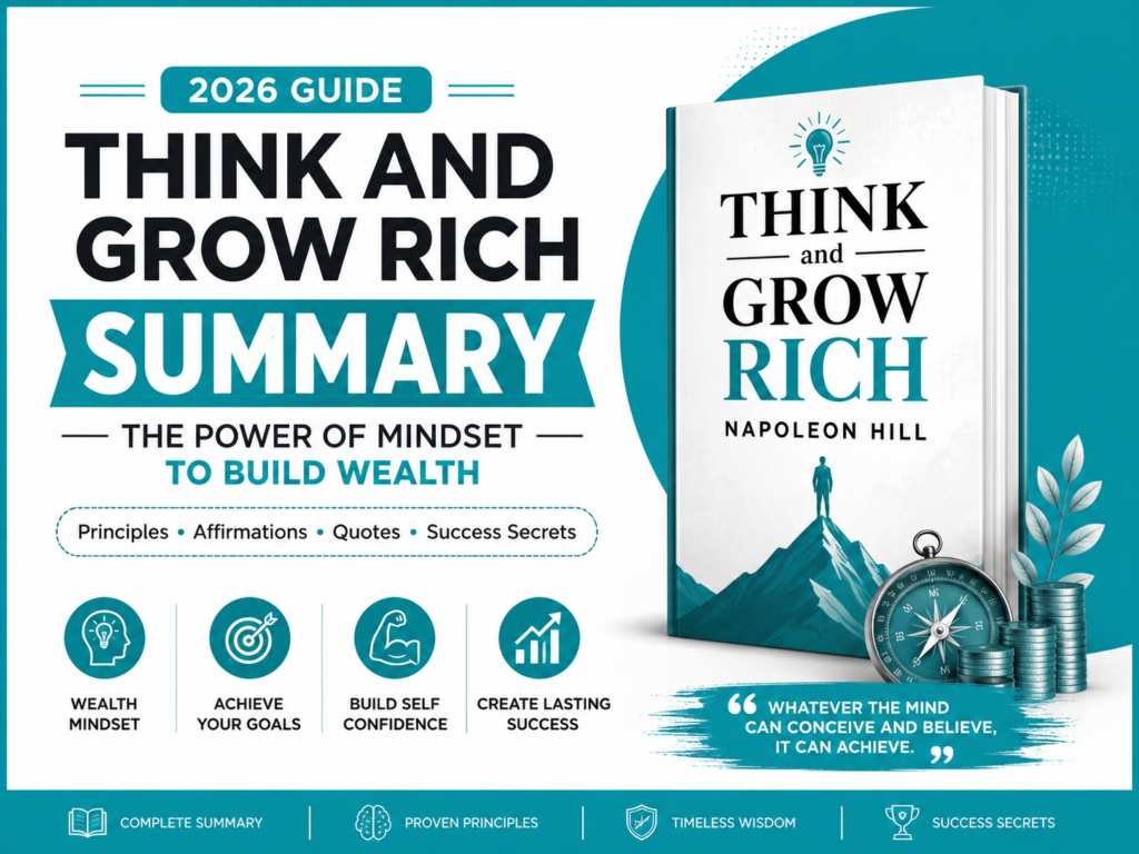 Think and Grow Rich summary blog cover featuring Napoleon Hill book with wealth mindset and success principles 2026