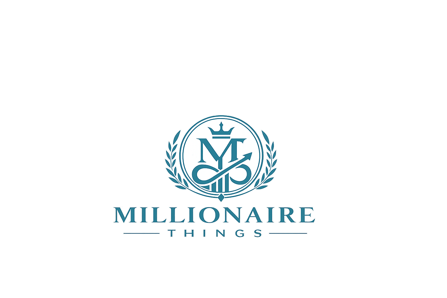 Millionaire Things finance and mindset blog logo featuring an MT monogram with crown, infinity symbol, and upward growth arrow in teal blue, representing wealth building and success.